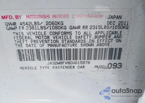 2012 Mitsubishi Lancer Evolution Gsr из США, поврежденный, VIN JA32W8FV8CU015978